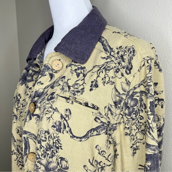Coldwater Creek Petite Beige & Blue Floral Linen Button Front Barn Jacket Sz PL - Picture 3 of 10